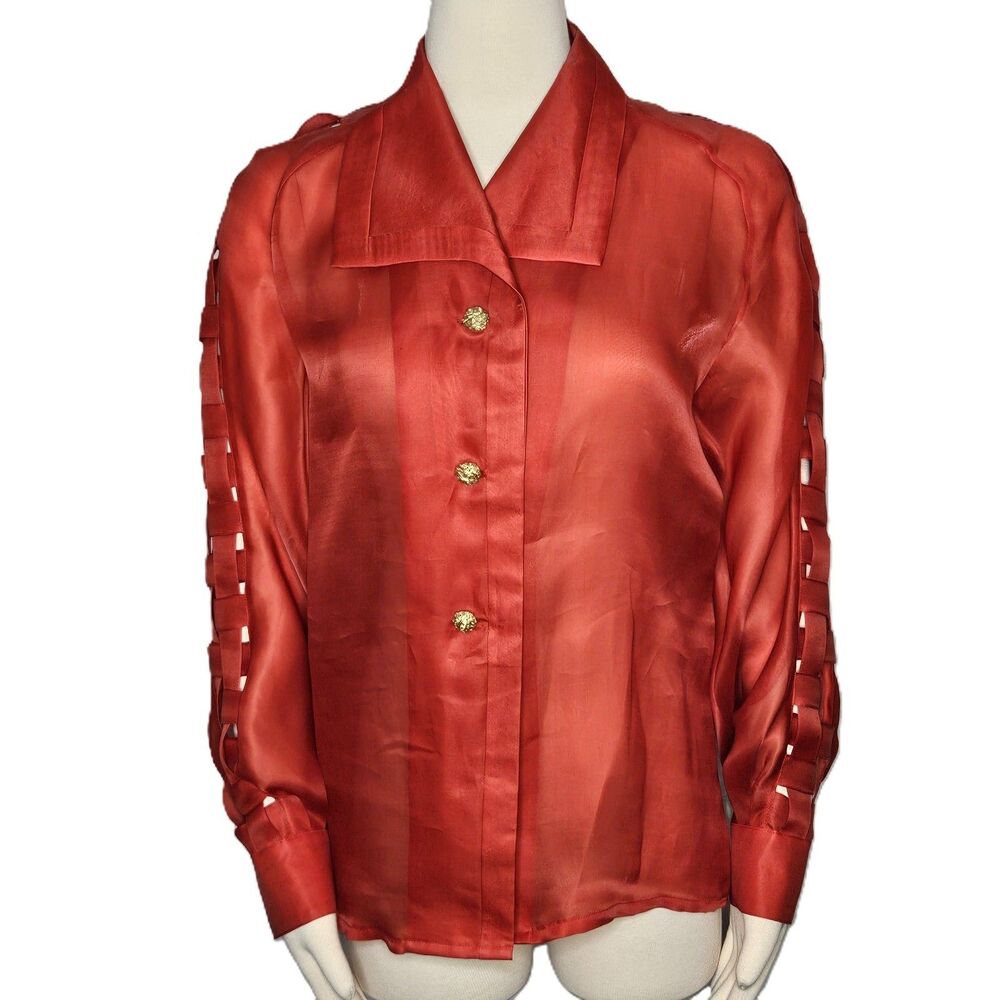 Vintage Starington 100% Red Silk Blouse Cutout Sleeve Button‎ Front Size 8